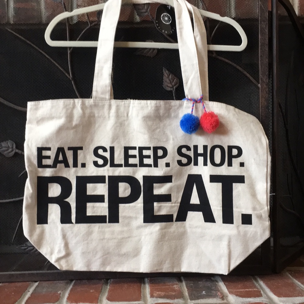 NWT Eat Sleep Shop Repeat Large tote bag w bobbles